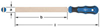 Horizontal Image of a flat metal scraper with blue and black handle on the right end. The scraper is rectangular in shape with dimensions labeled: length (l), width (a) at the tip, and the main body length (b)